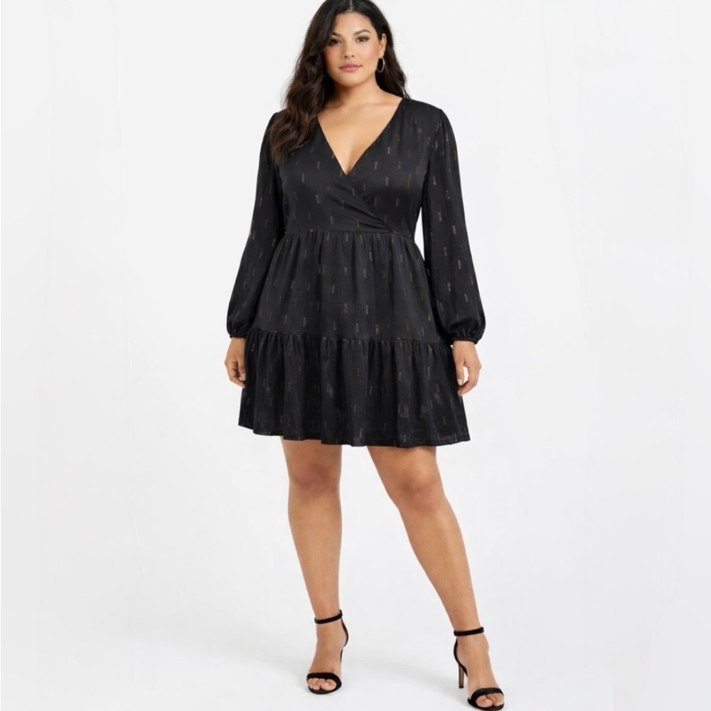 NWT Madewell Metallic Jacquard Faux Wrap Tiered Babydoll Mini Dress Black ~XL💛